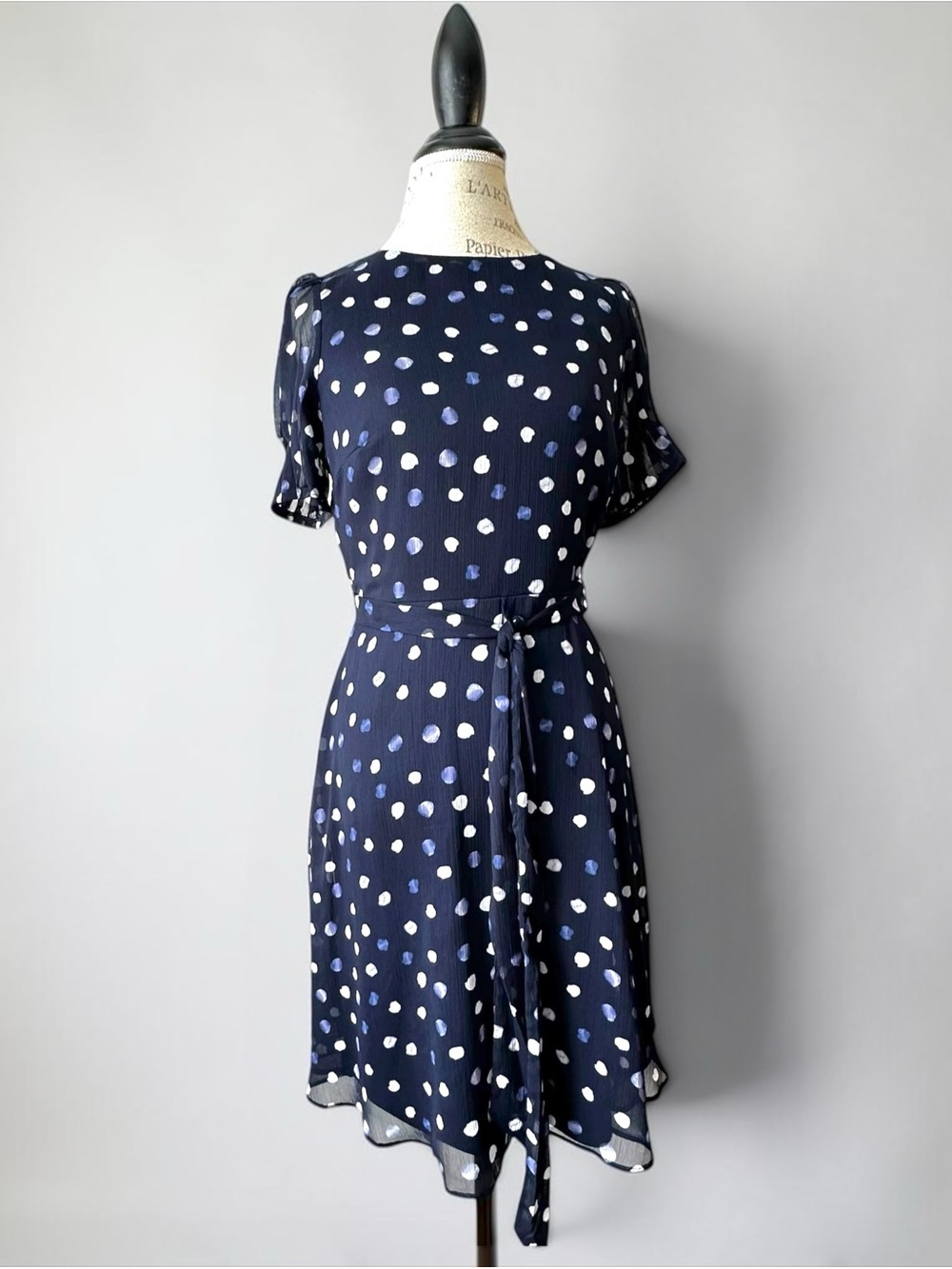Navy Blue Polka Dot Chiffon Puff-Sleeve Midi Belted Dress Garden Party NWT Sz 2